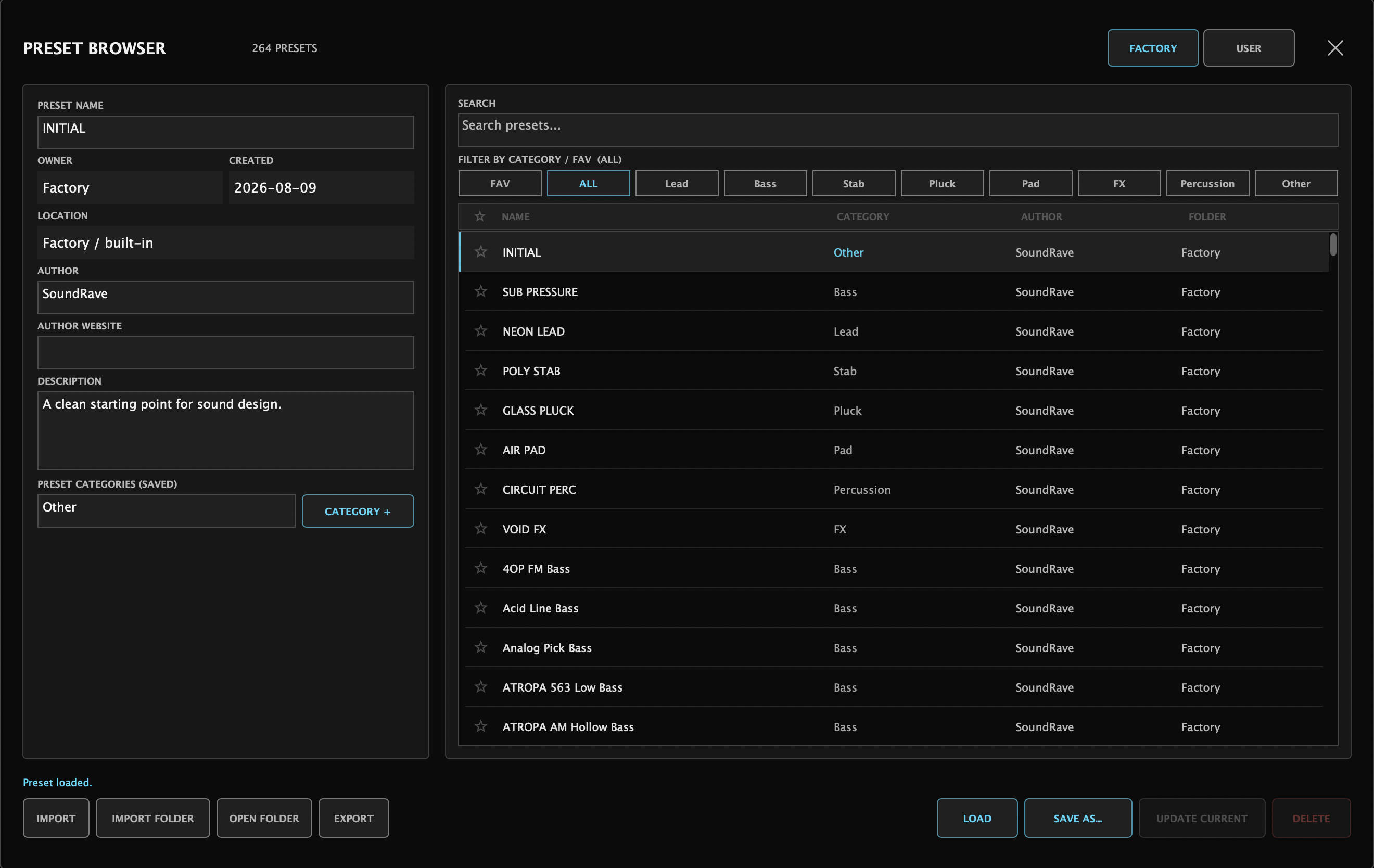 ATROPA Preset Browser with Factory and User libraries