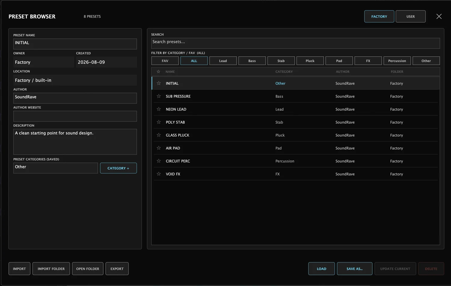 ATROPA preset browser with Factory and User tabs
